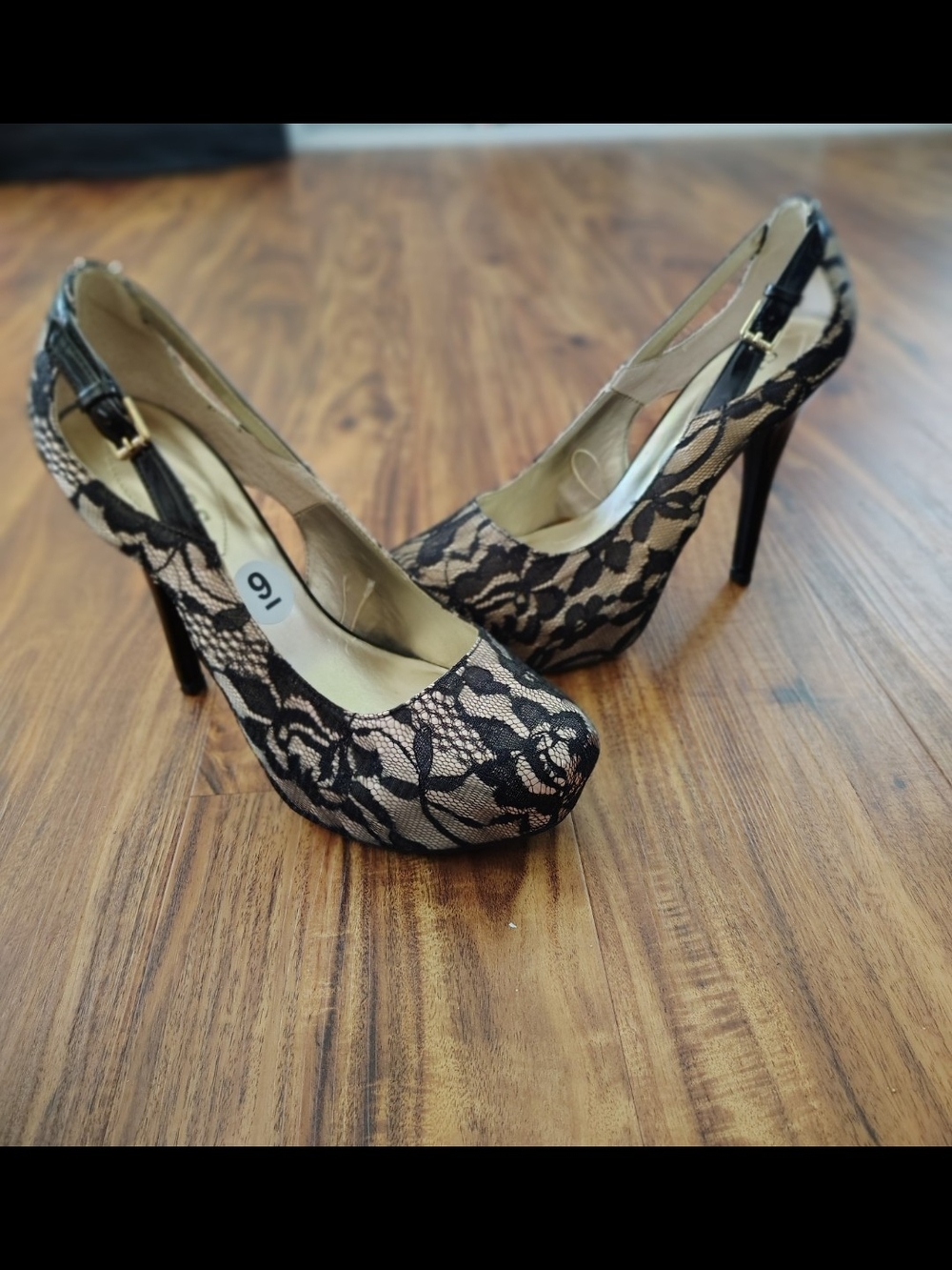 Guess Black Lace Platform Stiletto Pumps with Nude Underlay